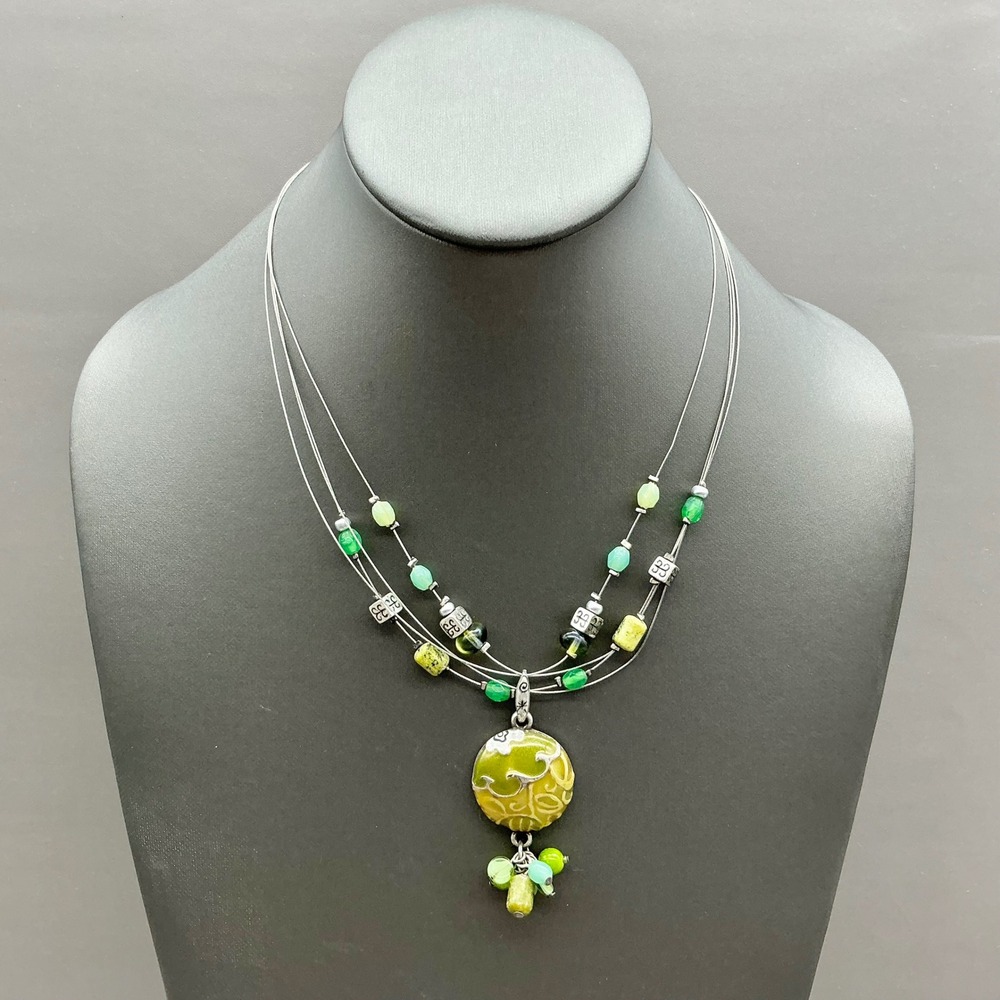 Chico's Necklace Women Green Multi Strand Beaded Silver Tone Pendant Statement